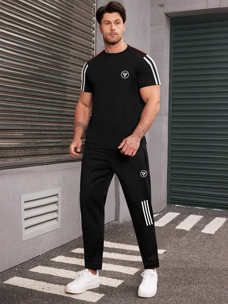 Louis Vicaci Summer Active Wear Tracksuit For Men-Black with white & Red Stripes-LOC