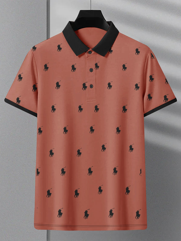 Summer Polo Shirt For Men-Coral Orange with Allover Print-LOC0041