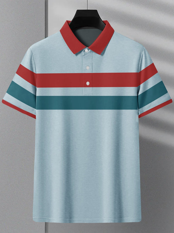 Summer Polo Shirt For Men-Blue Melange with Red & Persian Blue Stripe-LOC0039