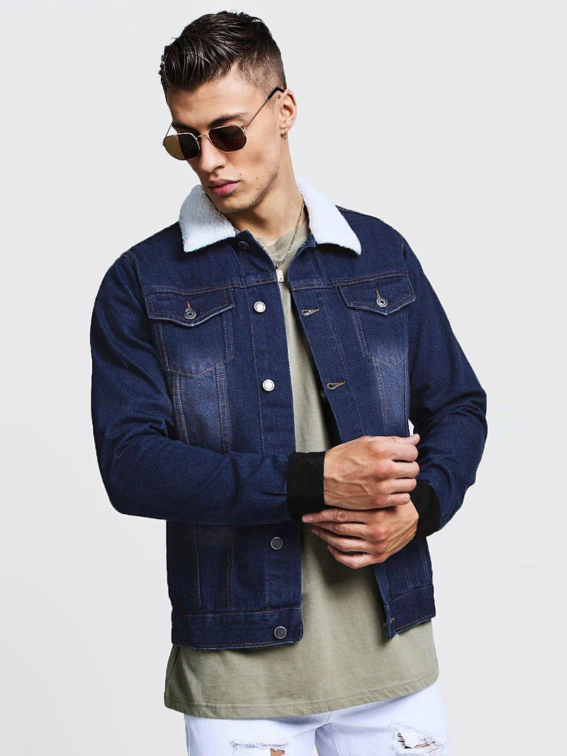 Long Sleeve Plush Fur Denim Jeans Jacket For Men-Blue-LOC