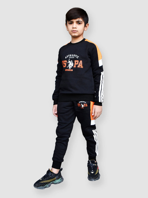 U.S Polo.Assn Fleece Tracksuit For Kids-Black With Orange-LOC#0K9