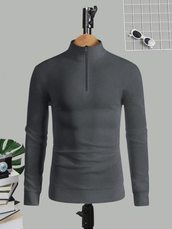 Louis Vicaci Fleece Stylish 1/4 Zipper Mock Neck For Men-Dark Grey-LOC#0M02