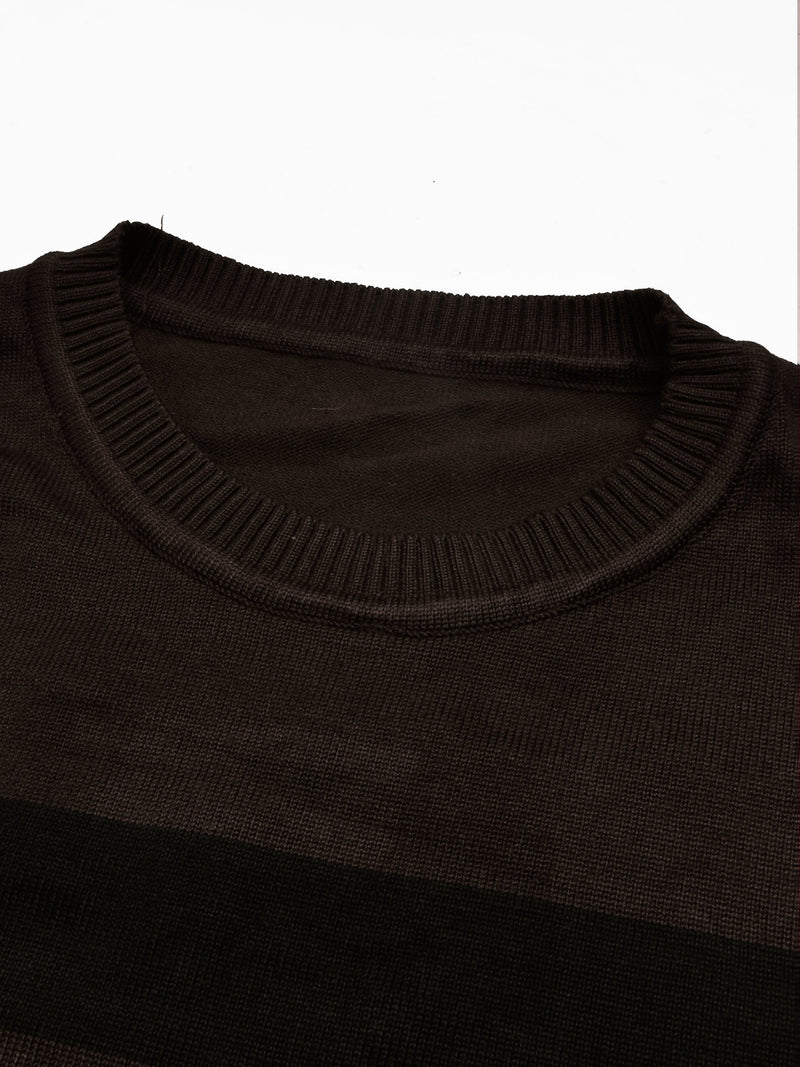 Full Fashion Short Sleeve Crew Neck Sweater For Men-Brown With Stripes-SP1099/LOC
