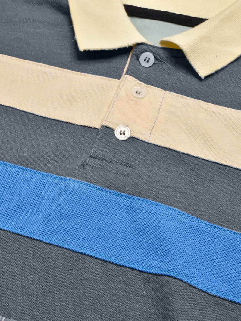 Summer Polo Shirt For Men-Slate Blue Melange with Yellow & Blue Stripe-LOC0049