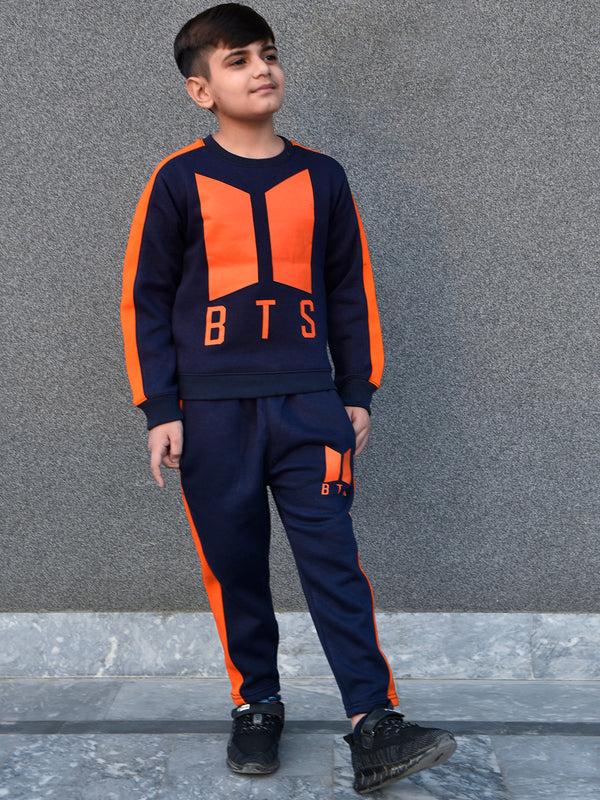 BTS Fleece Tracksuit For Kids-Dark Navy & Orange Panels-LOC#0K28