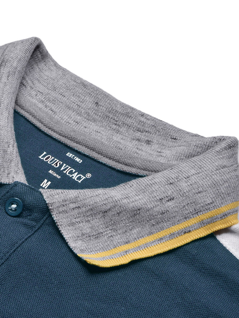 LV Summer Polo Shirt For Men-Grey Melange with Ocean Blue Panel-LOC00103