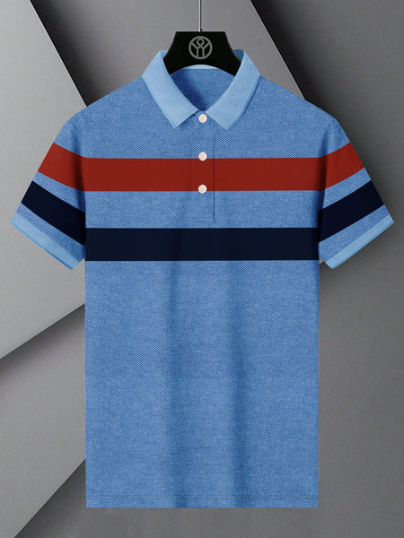 NXT Summer Polo Shirt For Men-Blue Melange with Navy & Red Stripe-LOC0021