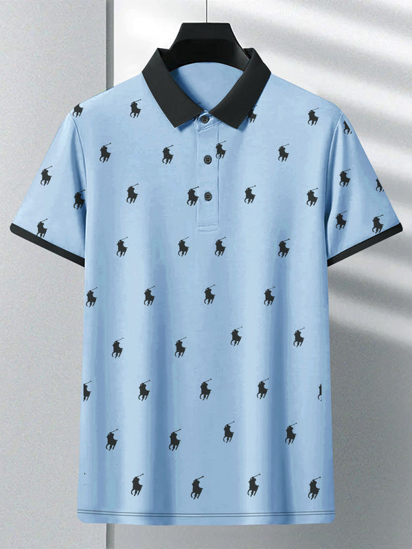 PRL Summer Polo Shirt For Men-Light Blue with Allover Print-LOC0031