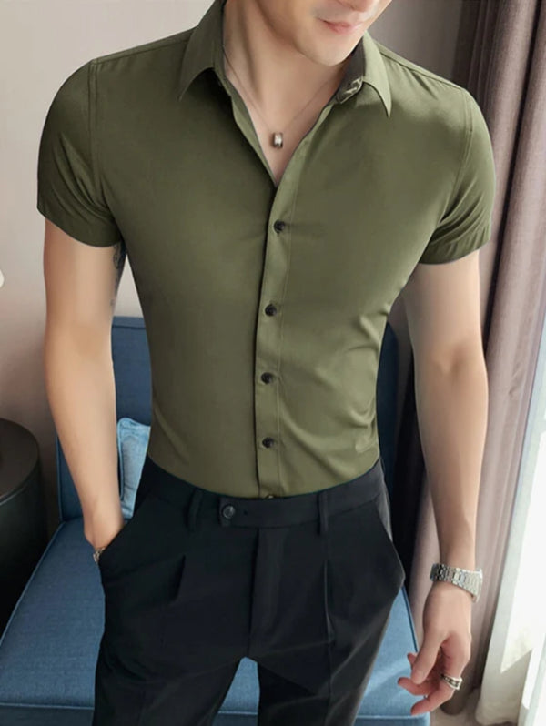 Oxen Nexoluce Super Stretchy Slim Fit Half Sleeve Lycra Casual Shirt For Men-Olive-LOC#0LYH08