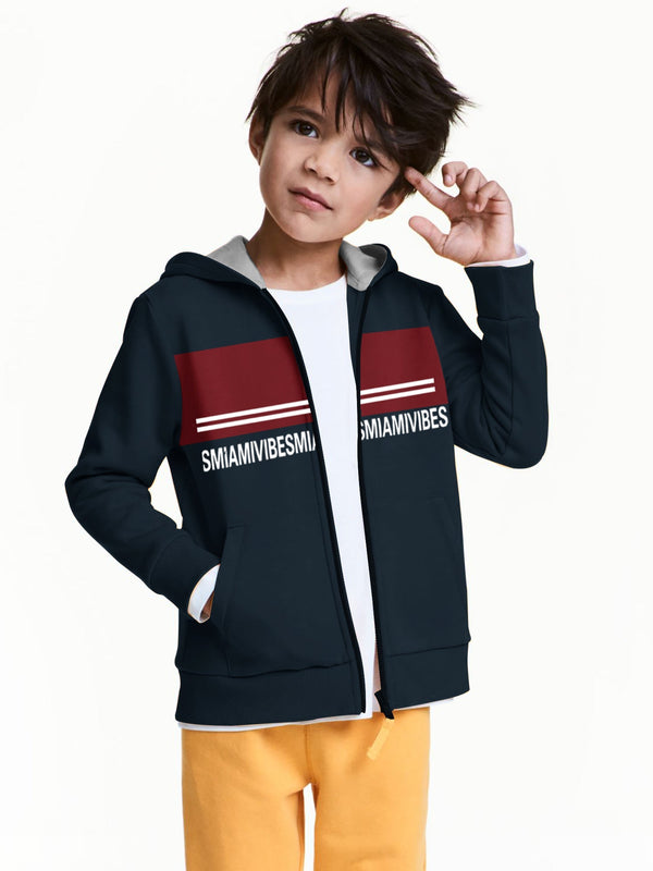 Miami Vibes Stylish Inner Fur Zipper Hoodie For Kids-Navy With Maroon Panel-LOC#0K33