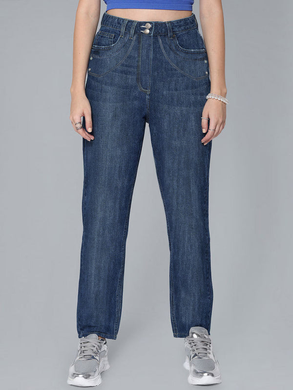 Boyfriend Regular Fit Jeans For Ladies-Dark Navy Faded-LOC#0J004