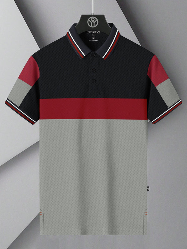 LV Summer Active Wear Polo Shirt For Men-Black with Grey & Red Panels-LOC#0P020