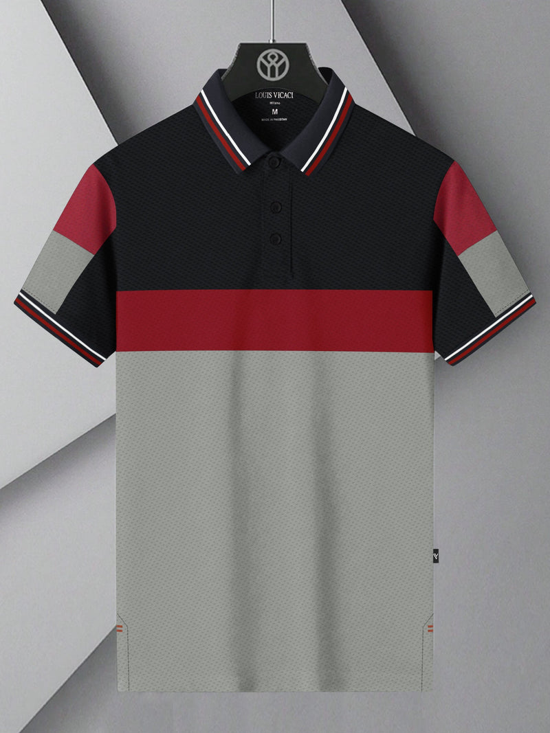 LV Summer Active Wear Polo Shirt For Men-Black with Grey & Red Panels-LOC