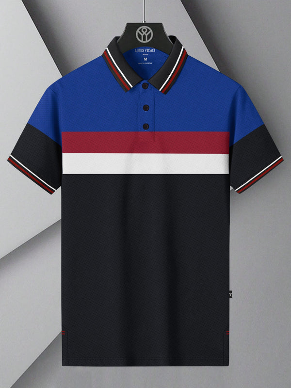 LV Summer Active Wear Polo Shirt For Men-Black with Red & Blue Panels-LOC#0P019