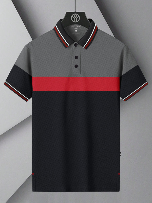 LV Summer Active Wear Polo Shirt For Men-Black with Red & Grey Panels-LOC#0P018