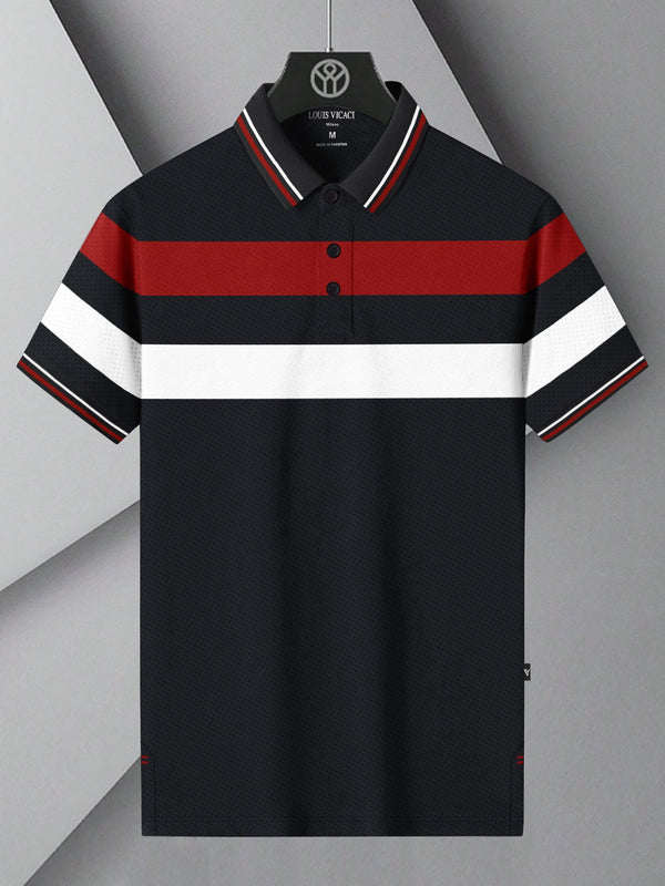 LV Summer Active Wear Polo Shirt For Men-Dark Navy with Red & White Stripe-LOC#P012
