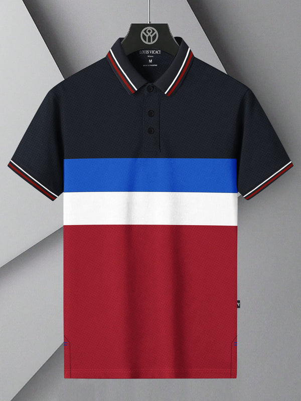 LV Summer Active Wear Polo Shirt For Men-Dark Navy with Red & White, Blue Panels-LOC#P013