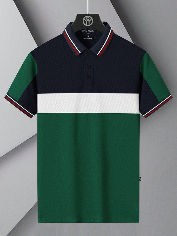 LV Summer Active Wear Polo Shirt For Men-Navy with White & Green Panel-LOC#0P022