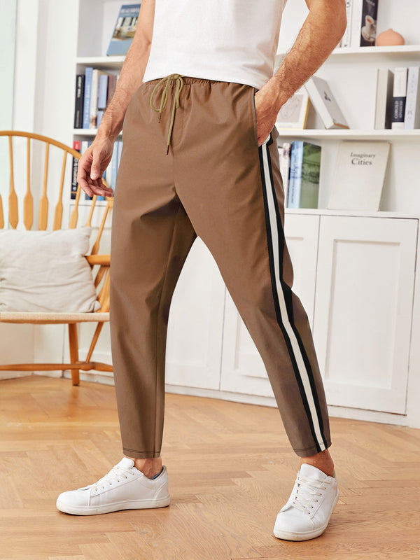 Louis Vicaci Slim Fit Lycra Trouser For Men-Camel with Black & White Stripes-LOC#0T2