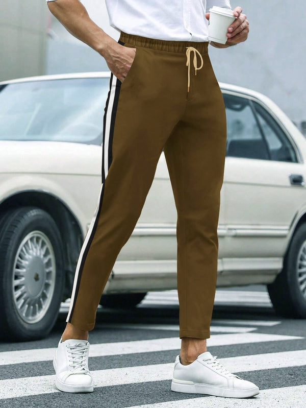 Louis Vicaci Slim Fit Lycra Trouser For Men-Dark Khaki with Black & White Stripes-LOC#0T3