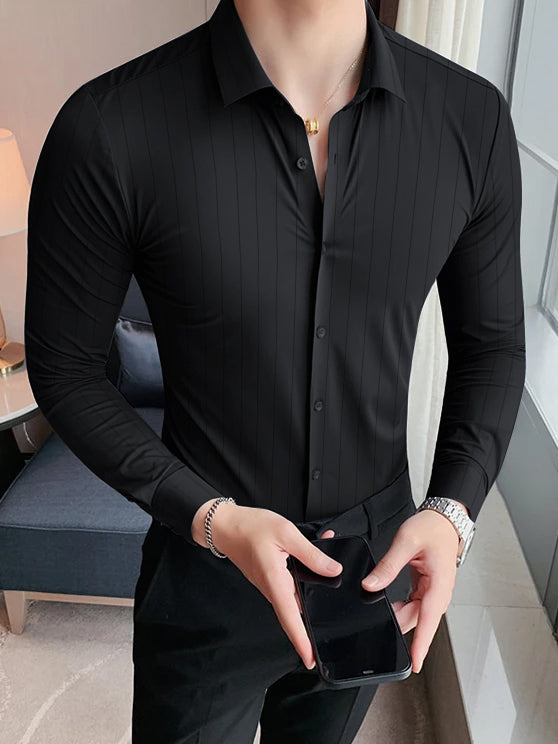 Louis Vicaci Super Stretchy Slim Fit Long Sleeve Summer Formal Casual Shirt For Men-Black with Lining-LOC#0LY11