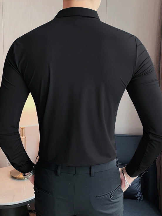 Louis Vicaci Super Stretchy Slim Fit Long Sleeve Summer Formal Casual Shirt For Men-Black-LOC