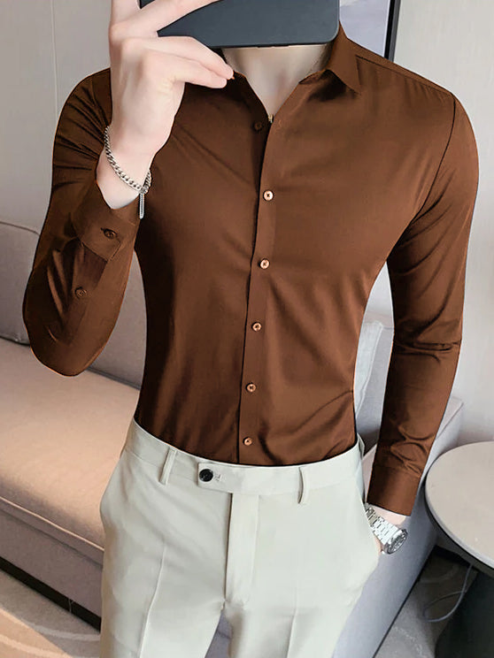 Louis Vicaci Super Stretchy Slim Fit Long Sleeve Summer Formal Casual Shirt For Men-Brown-LOC#0LHY017