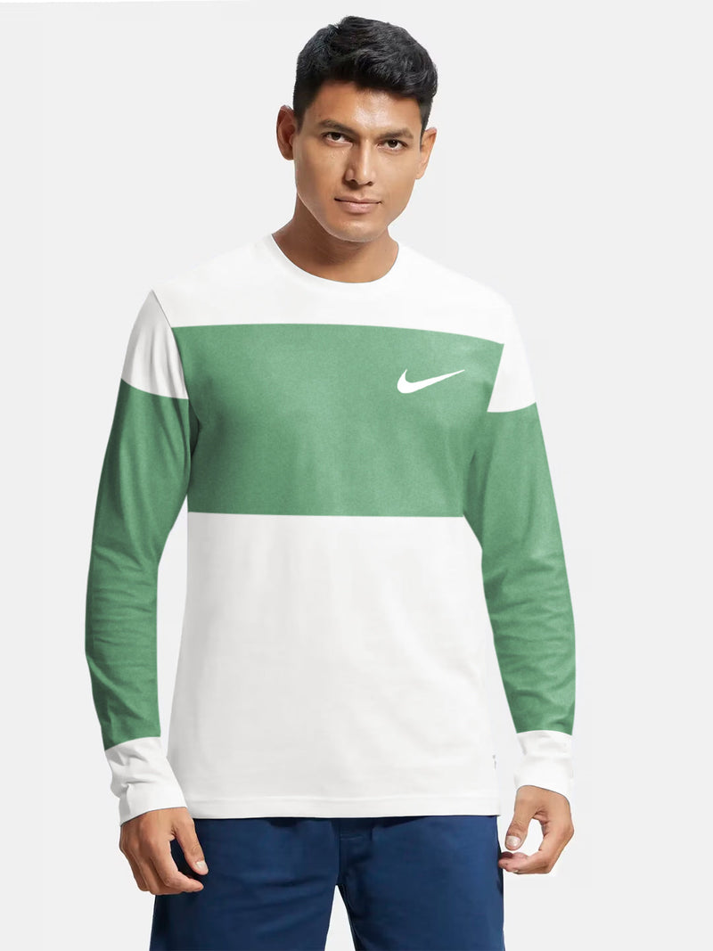 NK Crew Neck Long Sleeve T Shirt For Men-White with Green Melange-LOC