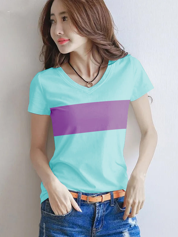 Nyc Polo Single Jersey V Neck Tee Shirt For Women-Ice Sky with Magenta Panel-LOC#0W05