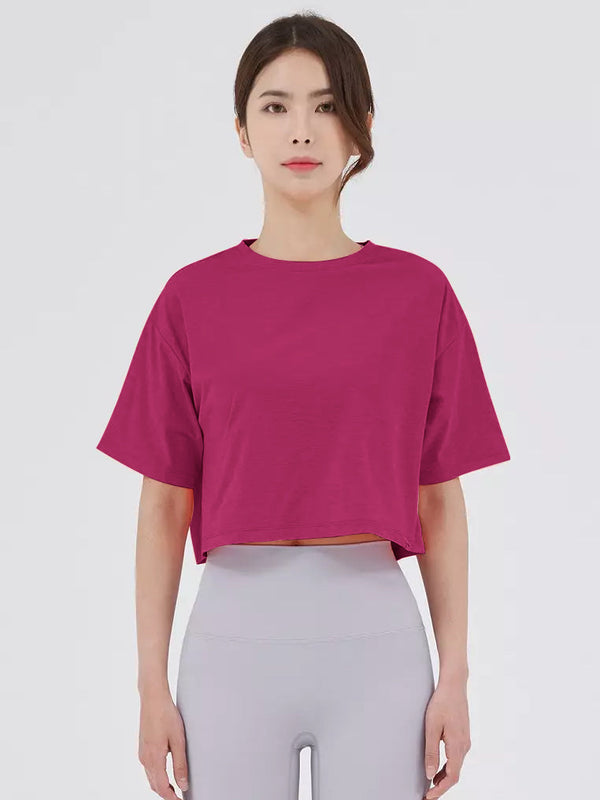 Popular Sport Crop Tee Shirt For Women-Dark Pink-LOC#0W06