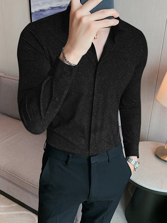 Louis Vicaci Super Stretchy Slim Fit Long Sleeve Summer Formal Casual Shirt For Men-Black Glitter-LOC#0SH01