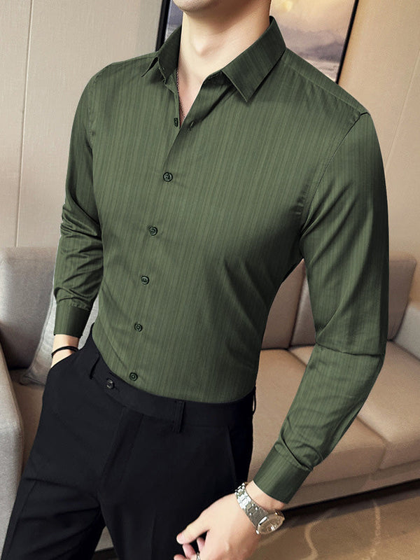 Louis Vicaci Super Stretchy Slim Fit Long Sleeve Summer Formal Casual Shirt For Men-Green Wrinkle-LOC#S011