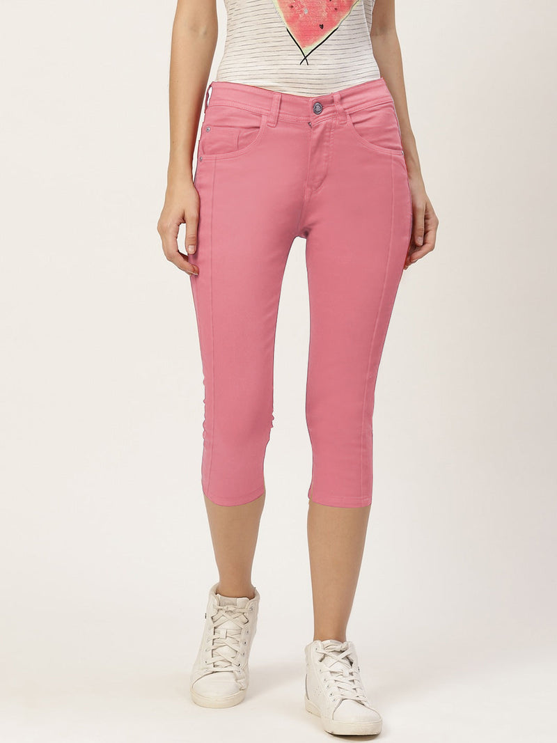 Stooker Cotton Denim Capri For Women-Pink-LOC