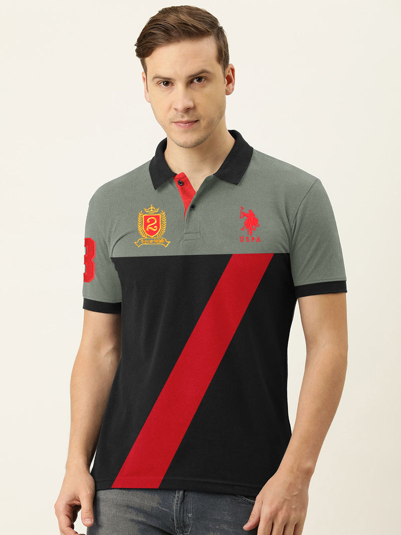 Summer Polo Shirt For Men-Black with Slate Grey & Red Stripe-LOC0097