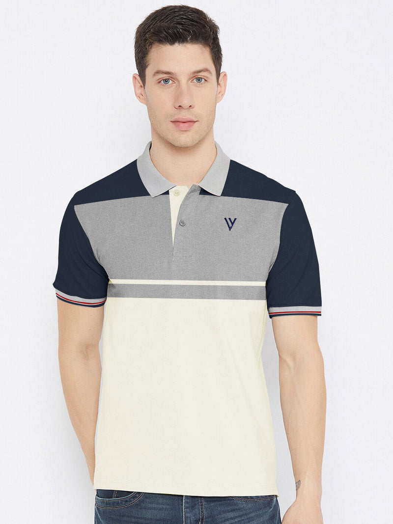 Summer Polo Shirt For Men-Off White With Grey & Dark Navy-LOC004