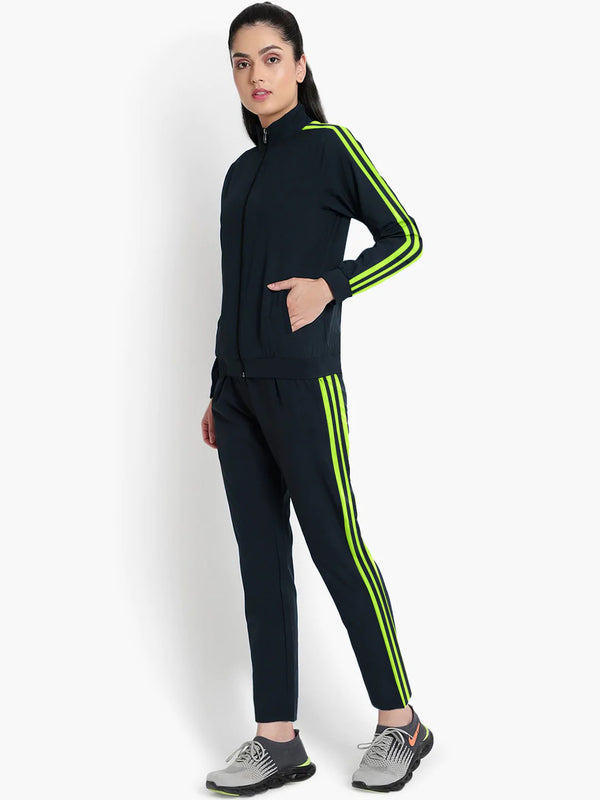 Louis Vicaci Fleece Zipper Tracksuit For Ladies-Navy with Lime Green Stripe-LOC#0T2