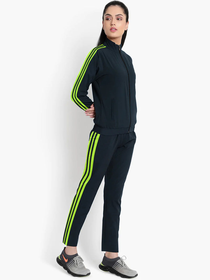 Louis Vicaci Fleece Zipper Tracksuit For Ladies-Navy with Lime Green Stripe-LOC