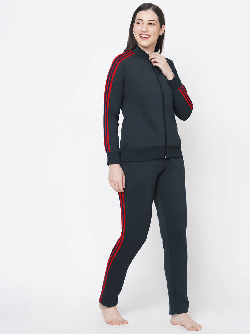 Louis Vicaci Fleece Zipper Tracksuit For Ladies-Navy with Red Stripe-LOC
