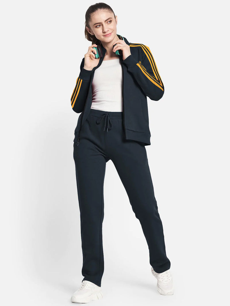 Louis Vicaci Fleece Zipper Tracksuit For Ladies-Navy with Yellow Stripe-LOC