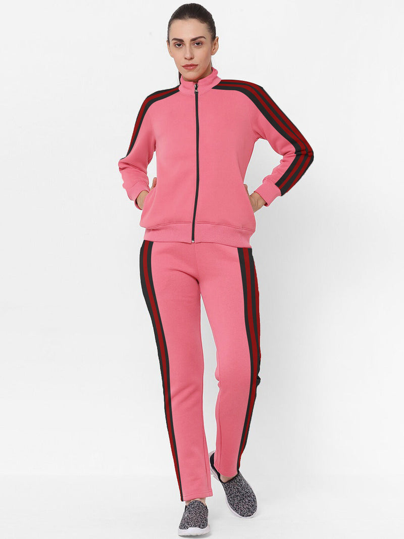 Louis Vicaci Fleece Zipper Tracksuit For Ladies-Pink with Black Stripe-BR367