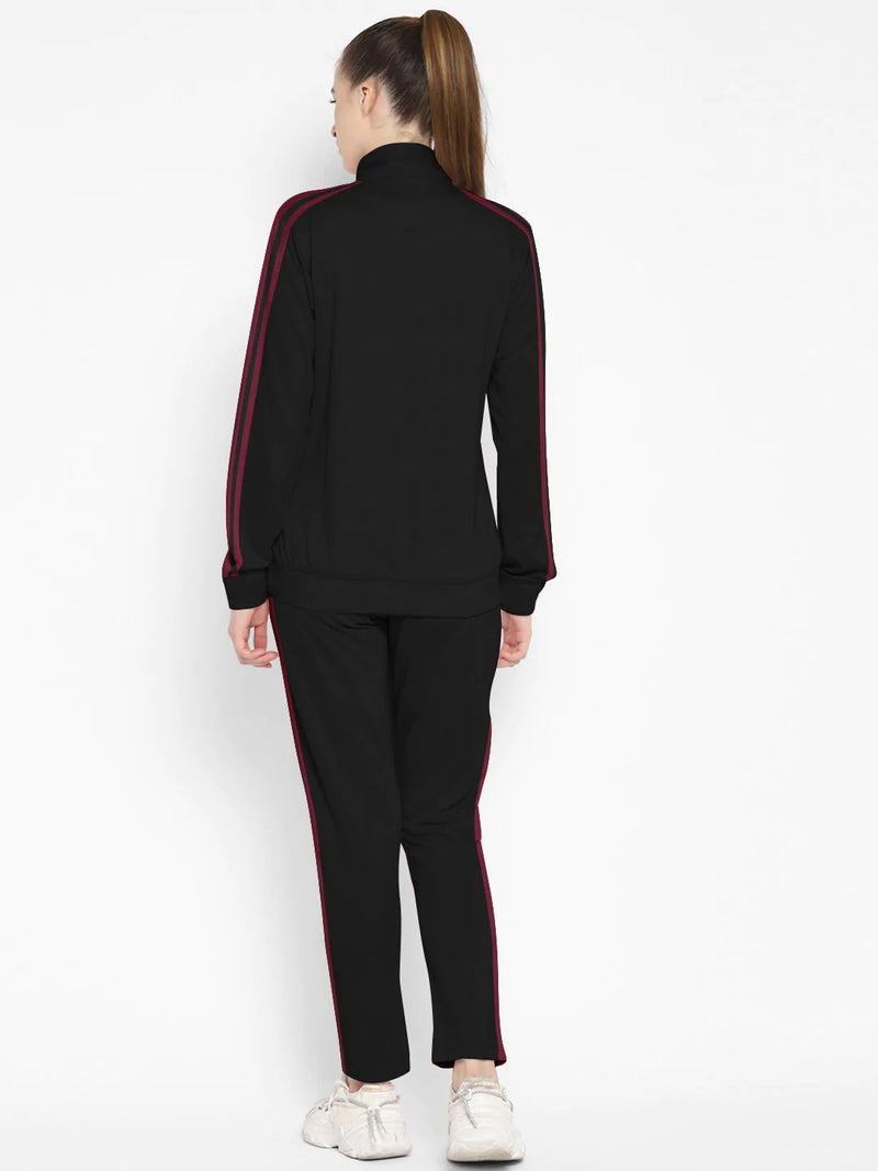 Louis Vicaci Fleece Zipper Tracksuit For Ladies-Black with Maroon Stripe-LOC