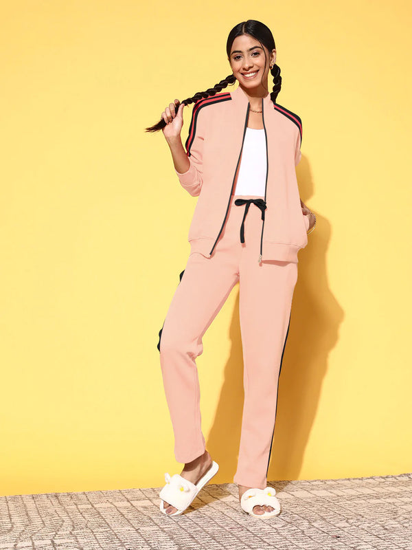 Louis Vicaci Fleece Zipper Tracksuit For Ladies-Light Pink with Black Stripe-LOC#0T6