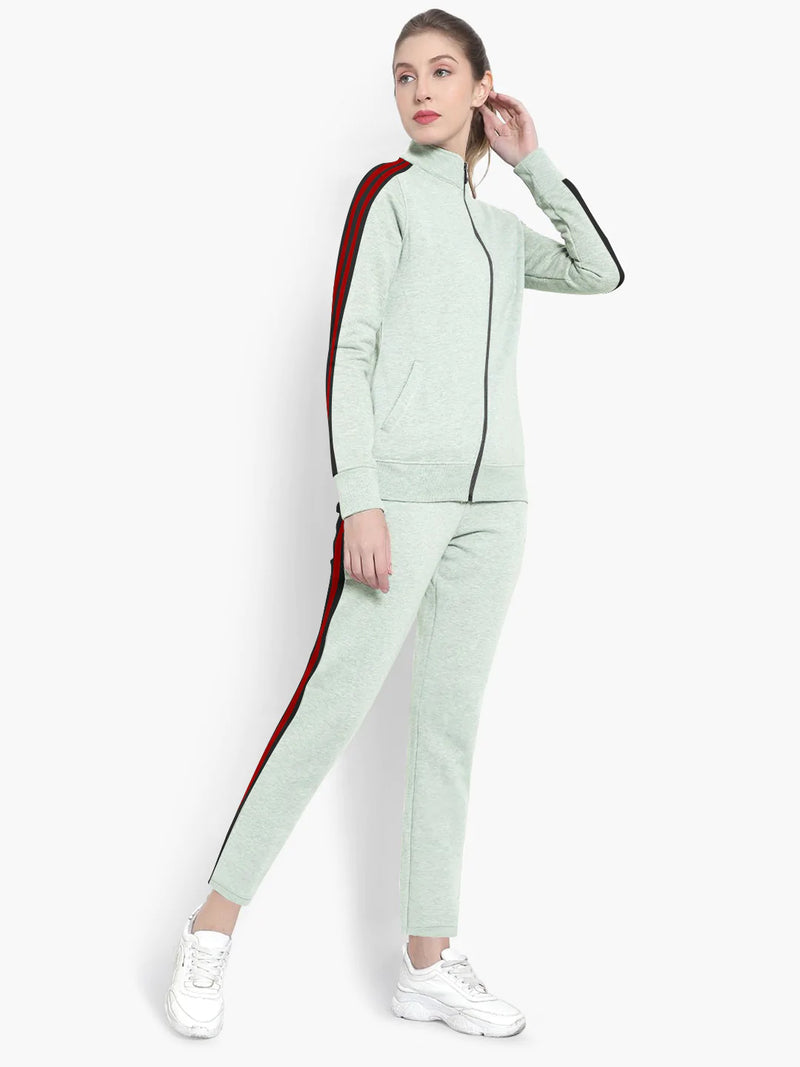 Louis Vicaci Fleece Zipper Tracksuit For Ladies-Green Melange with Black Stripe-LOC