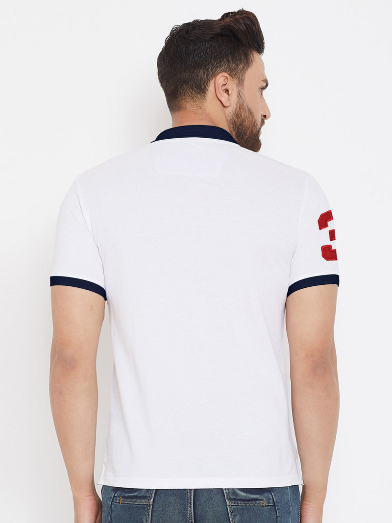 Summer Polo Shirt For Men-White with Navy Panel & Red Stripe-LOC00112