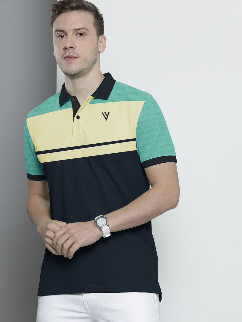 Summer Polo Shirt For Men-Navy With Light Yellow & Cyan Blue-LOC005