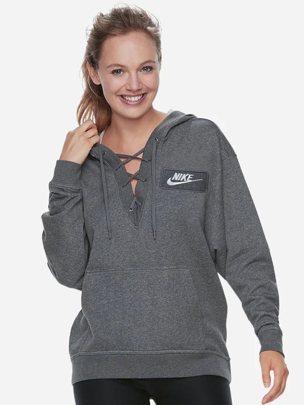 NK Terry Fleece Lace Up Hoodie For Ladies-Charcoal Melange-LOC#0W10