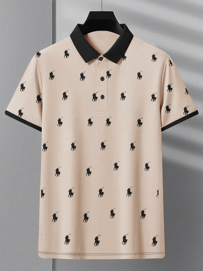 Summer Polo Shirt For Men-Peach with Allover Print-LOC0047