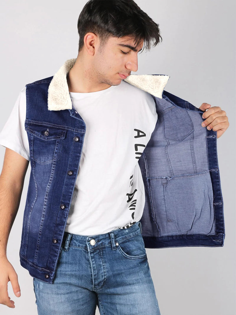 Sleeveless Plush Fur Denim Jeans Jacket For Men-Blue-LOC