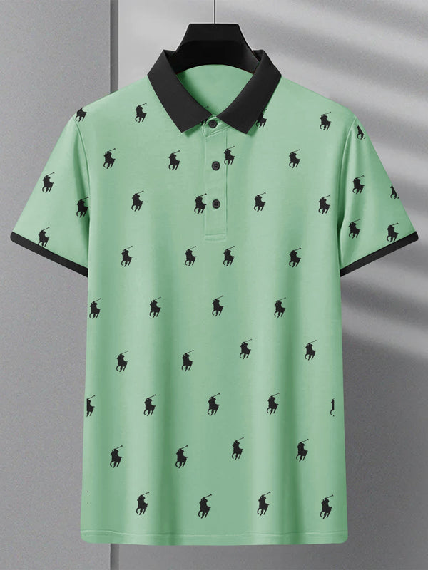 Summer Polo Shirt For Men-Light Green with Allover Print-LOC0045