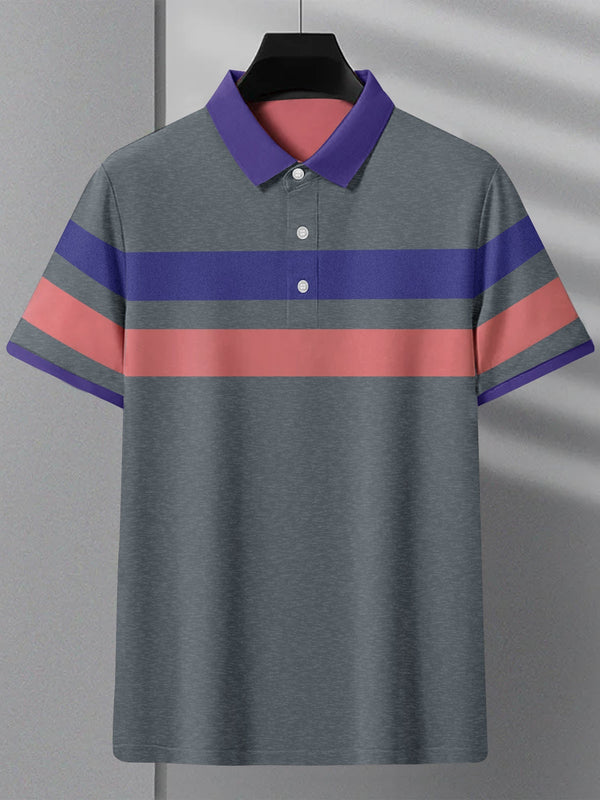 Summer Polo Shirt For Men-Slate Blue Melange with Purple & Pink Stripe-LOC0064